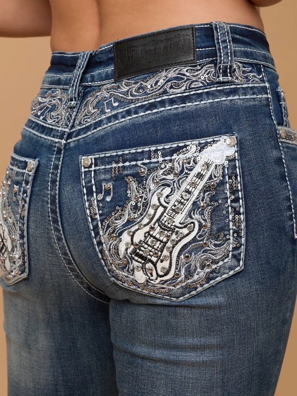 Rockstar Guitar Rhinestone Embroidered Bootcut Jeans Western Bling Denim